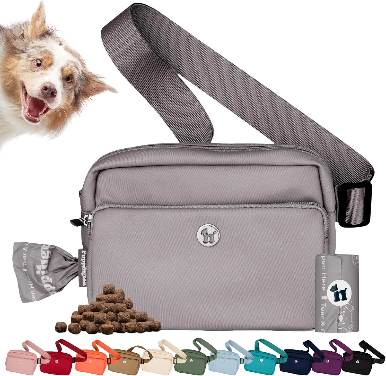 3-in-1 Crossbody Dog Walking Bag & Treat Pouch with Matching Planet Safe Poop Bags & Built-In Dispenser - Zippered Pockets (Charcoal Gray)