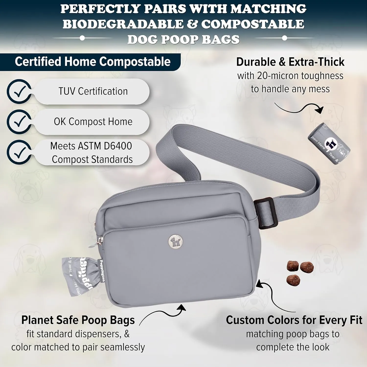 3-in-1 Crossbody Dog Walking Bag & Treat Pouch with Matching Planet Safe Poop Bags & Built-In Dispenser - Zippered Pockets (Charcoal Gray)
