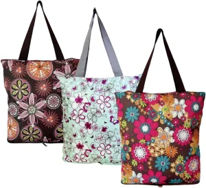 3 Pack Reusable Grocery Bags Foldable Washable Shopping Tote Bag with Top Zipper in Floral Pattern Heavy Duty Long Handles
