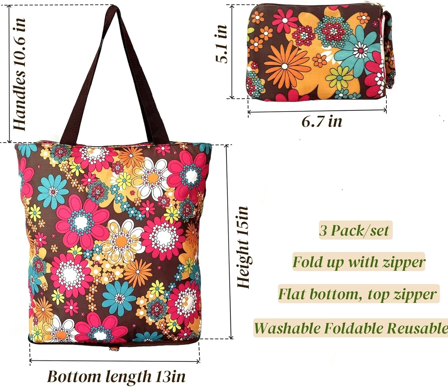 3 Pack Reusable Grocery Bags Foldable Washable Shopping Tote Bag with Top Zipper in Floral Pattern Heavy Duty Long Handles