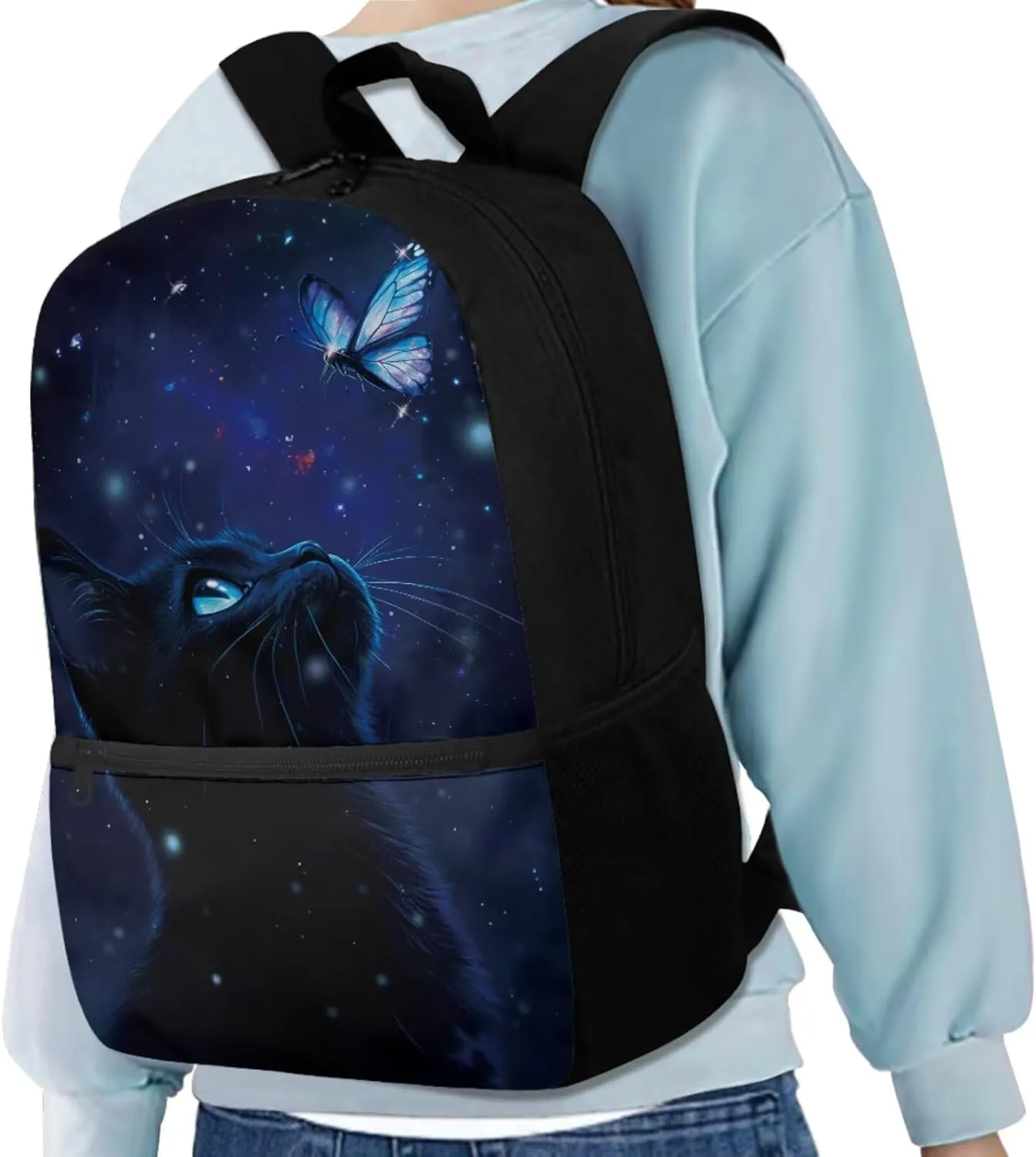 3 PCS Backpack Set Balck Cat School Bag for Girls Junior High School Bookbags with Lunch Bag Pencil Case Sturdy Novelty Backpacks with Front Pockets for 8-12 Years Kids