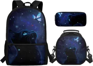 3 PCS Backpack Set Balck Cat School Bag for Girls Junior High School Bookbags with Lunch Bag Pencil Case Sturdy Novelty Backpacks with Front Pockets for 8-12 Years Kids