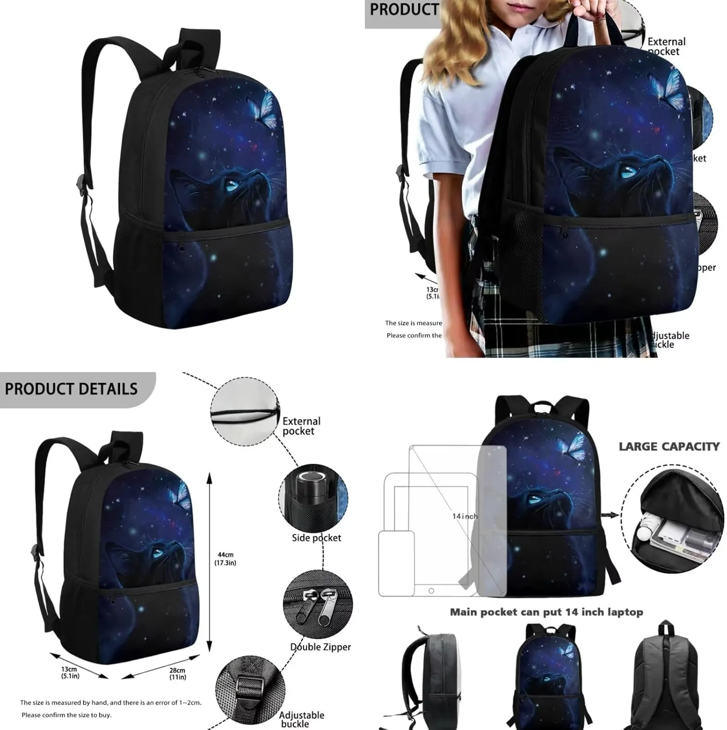 3 PCS Backpack Set Balck Cat School Bag for Girls Junior High School Bookbags with Lunch Bag Pencil Case Sturdy Novelty Backpacks with Front Pockets for 8-12 Years Kids