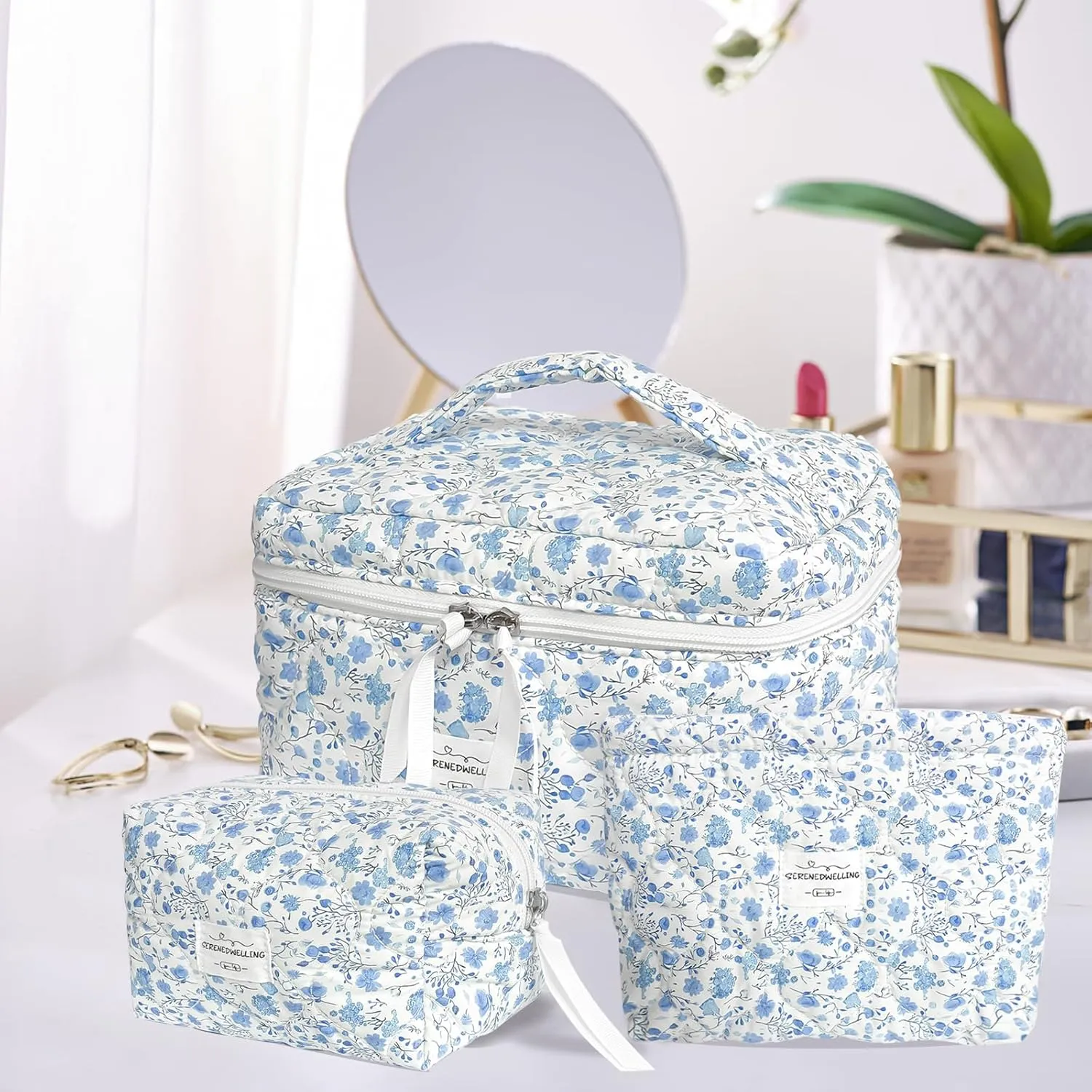 3 PCS Quilted Makeup Bag Set Coquette Cosmetic Bag Toiletry Travel Organizer, Small Medium Large, Cute Portable Puffy for Women Girls, Crush Blue
