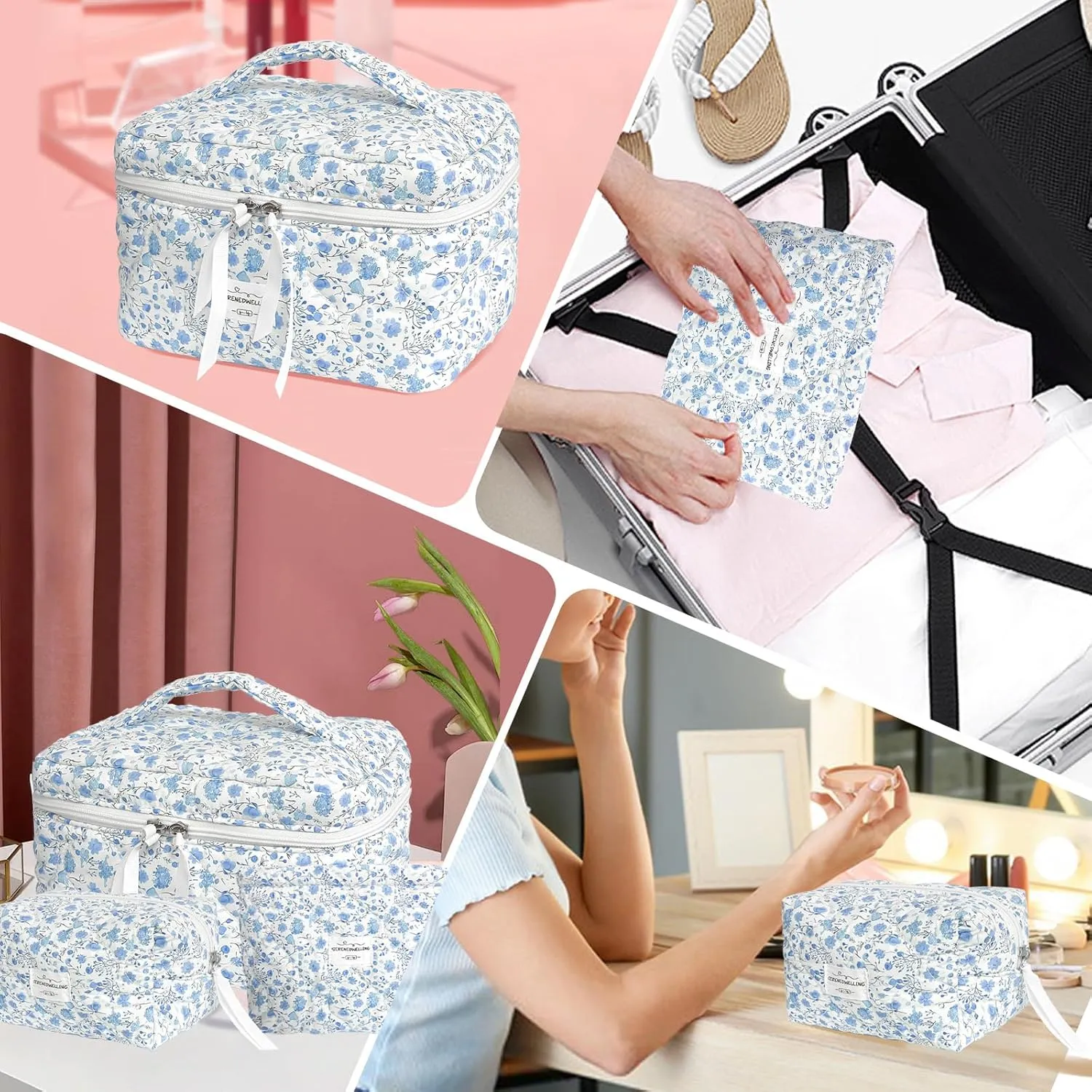 3 PCS Quilted Makeup Bag Set Coquette Cosmetic Bag Toiletry Travel Organizer, Small Medium Large, Cute Portable Puffy for Women Girls, Crush Blue