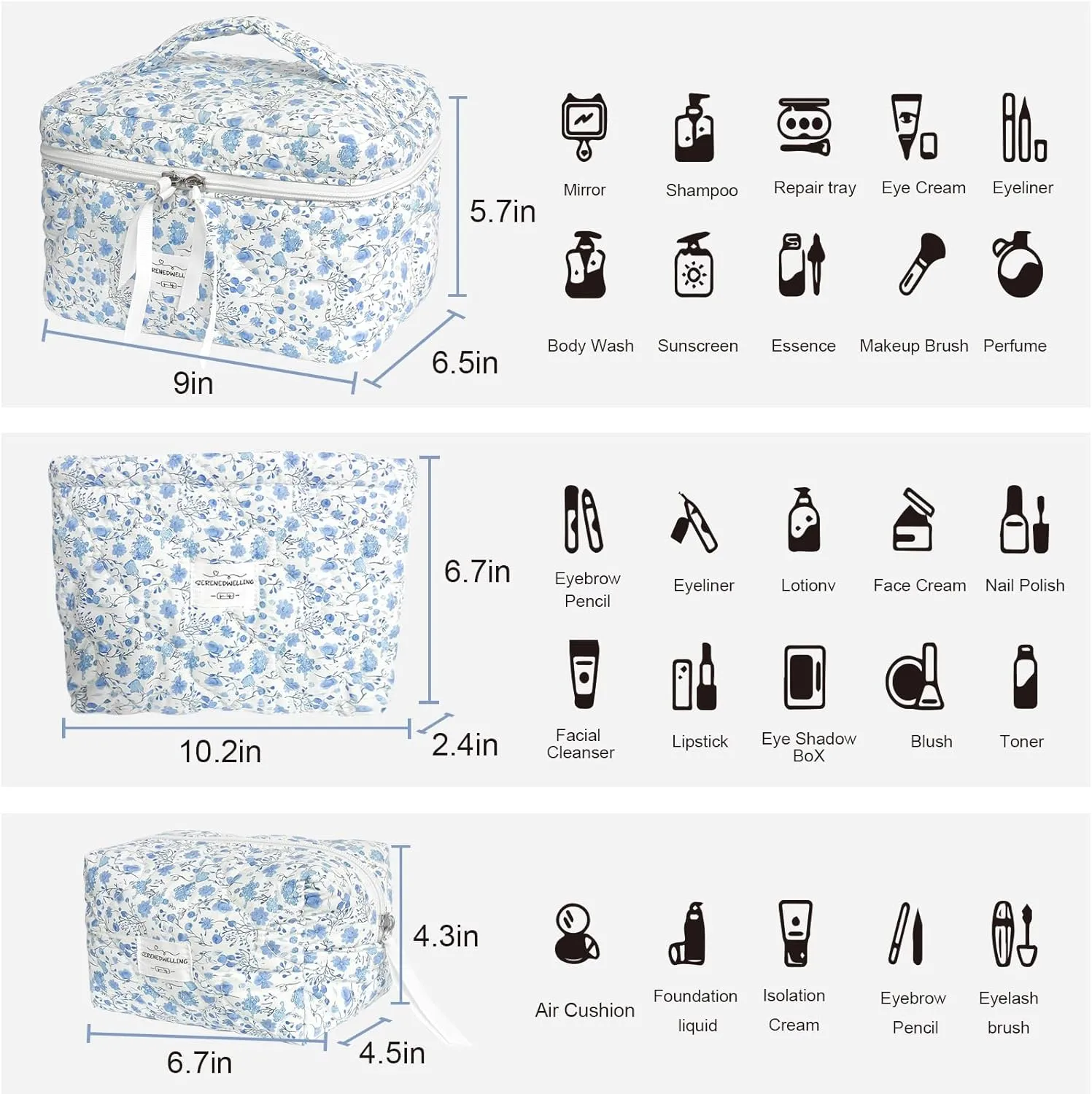 3 PCS Quilted Makeup Bag Set Coquette Cosmetic Bag Toiletry Travel Organizer, Small Medium Large, Cute Portable Puffy for Women Girls, Crush Blue