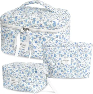 3 PCS Quilted Makeup Bag Set Coquette Cosmetic Bag Toiletry Travel Organizer, Small Medium Large, Cute Portable Puffy for Women Girls, Crush Blue