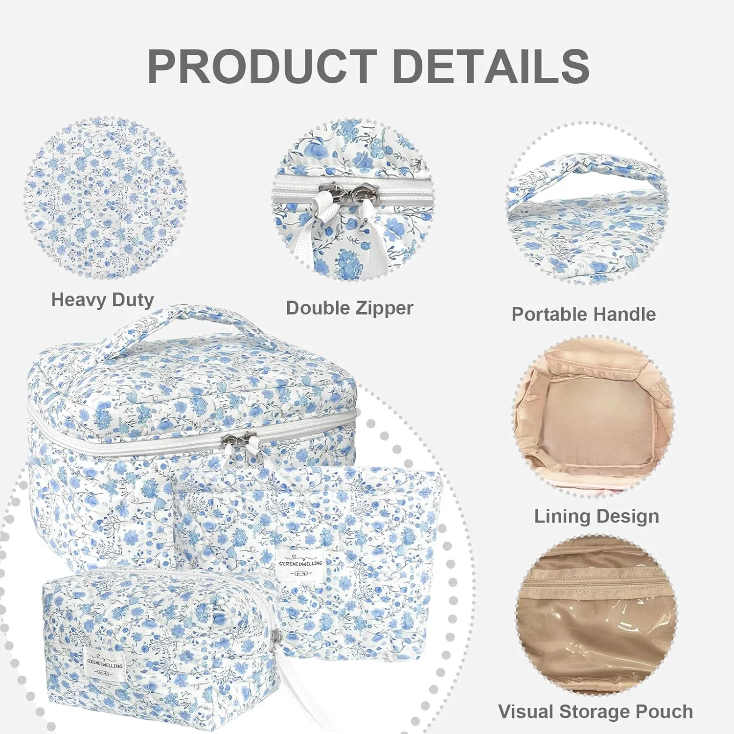 3 PCS Quilted Makeup Bag Set Coquette Cosmetic Bag Toiletry Travel Organizer, Small Medium Large, Cute Portable Puffy for Women Girls, Crush Blue