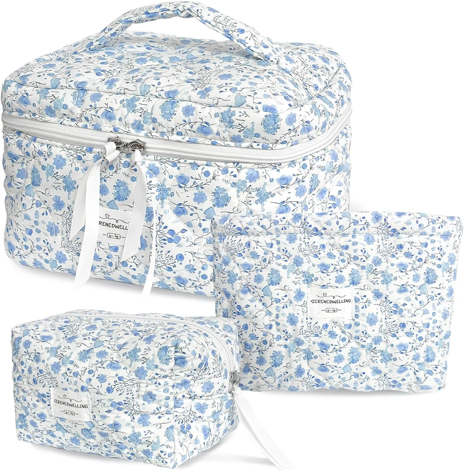 3 PCS Quilted Makeup Bag Set Coquette Cosmetic Bag Toiletry Travel Organizer, Small Medium Large, Cute Portable Puffy for Women Girls, Crush Blue