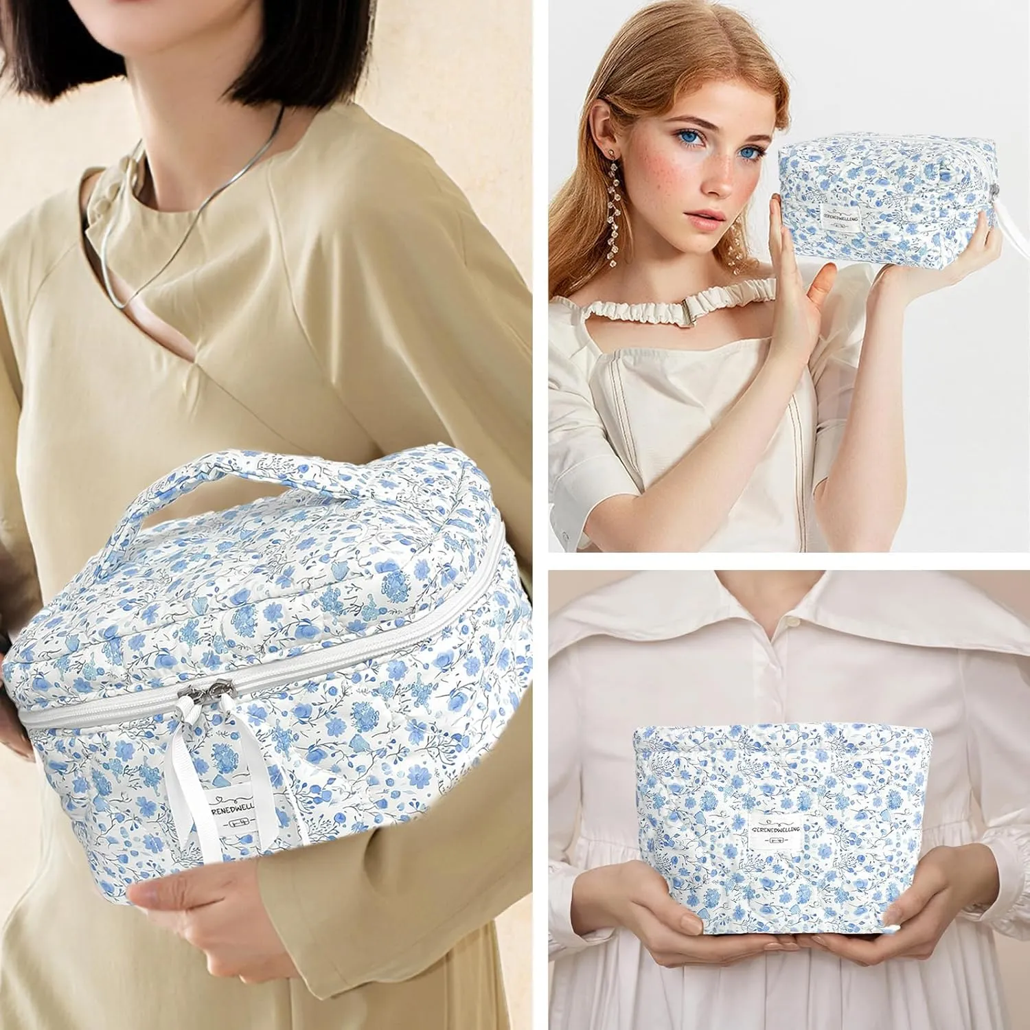 3 PCS Quilted Makeup Bag Set Coquette Cosmetic Bag Toiletry Travel Organizer, Small Medium Large, Cute Portable Puffy for Women Girls, Crush Blue