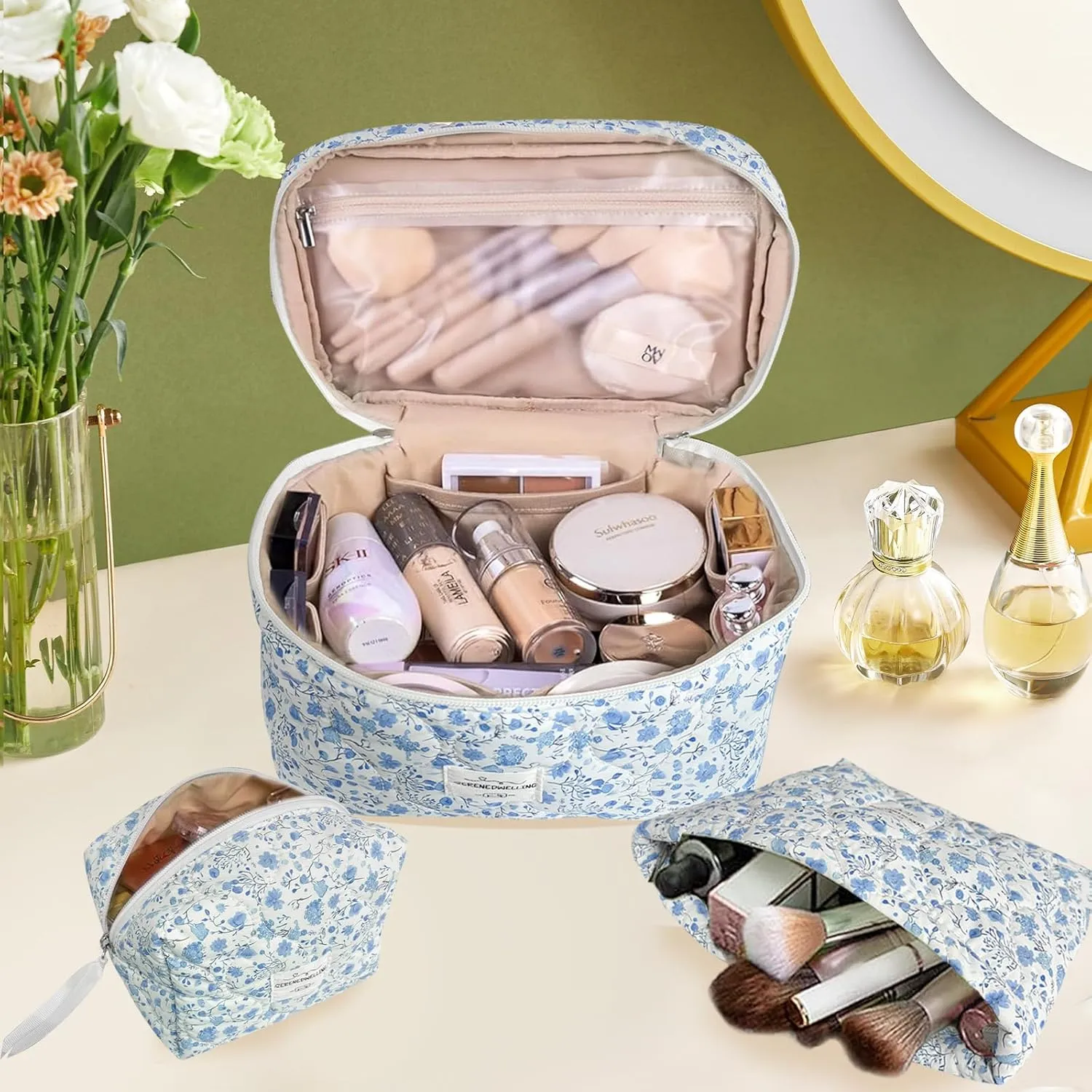 3 PCS Quilted Makeup Bag Set Coquette Cosmetic Bag Toiletry Travel Organizer, Small Medium Large, Cute Portable Puffy for Women Girls, Crush Blue
