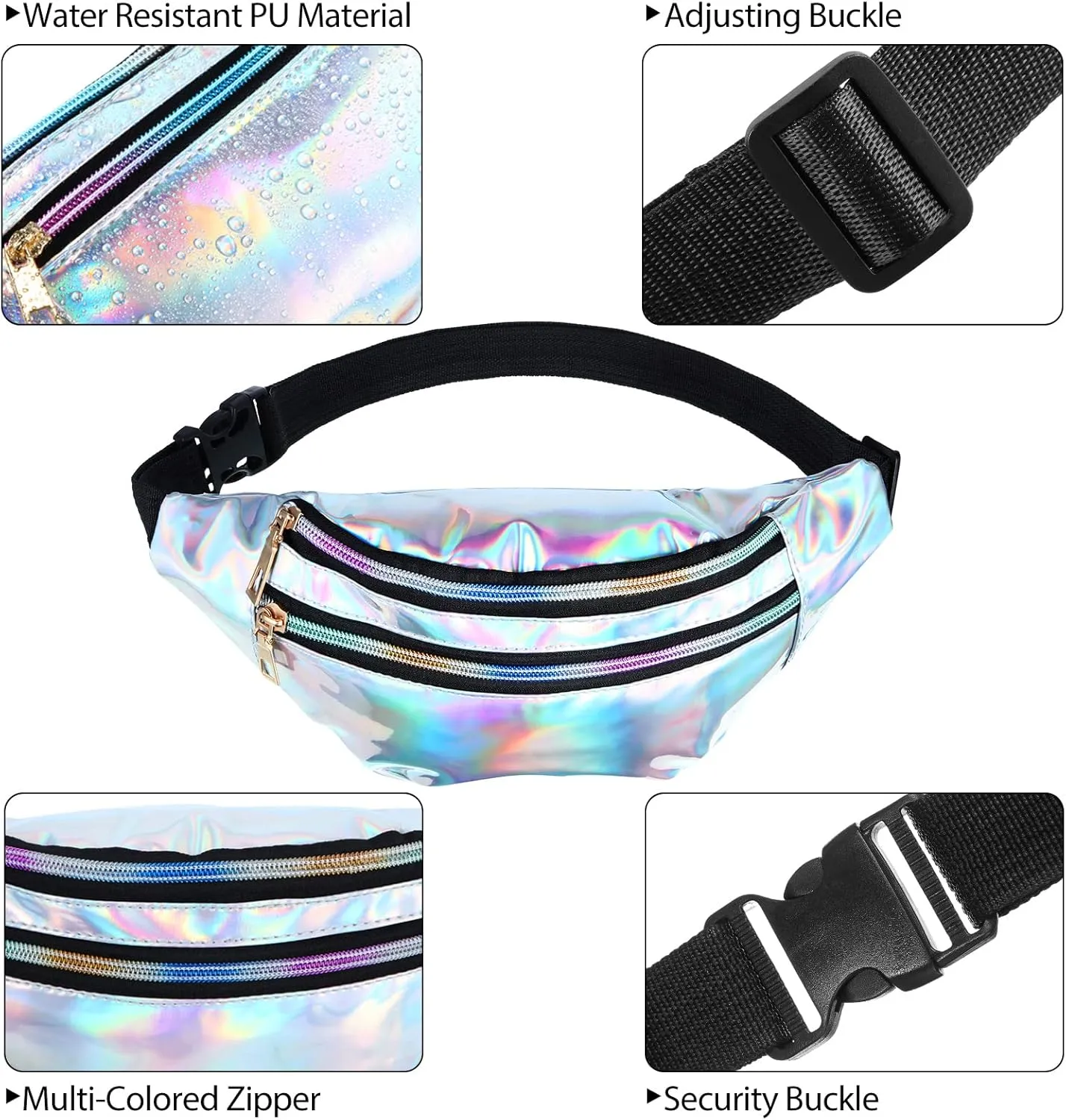3 Pieces Holographic Fanny Pack for Women Men Kids, Metallic Color Sport Waistbag with Pouches and Adjustable Belt, Hologram PU Waist Pack for Traveling, Running, Partying (Dark Purple, Blue, Silver)