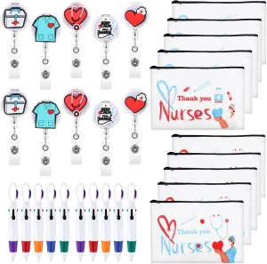 30 Pcs Nurses Week Gifts Set Include 10 Nurse Canvas Cosmetic Bags 10 Nurse Badge Reels 10 Nurse Ballpoint Pens Thank You Nurse Gift Cute Nurse Accessories Makeup Bag for Doctor Nurse Appreciation Day