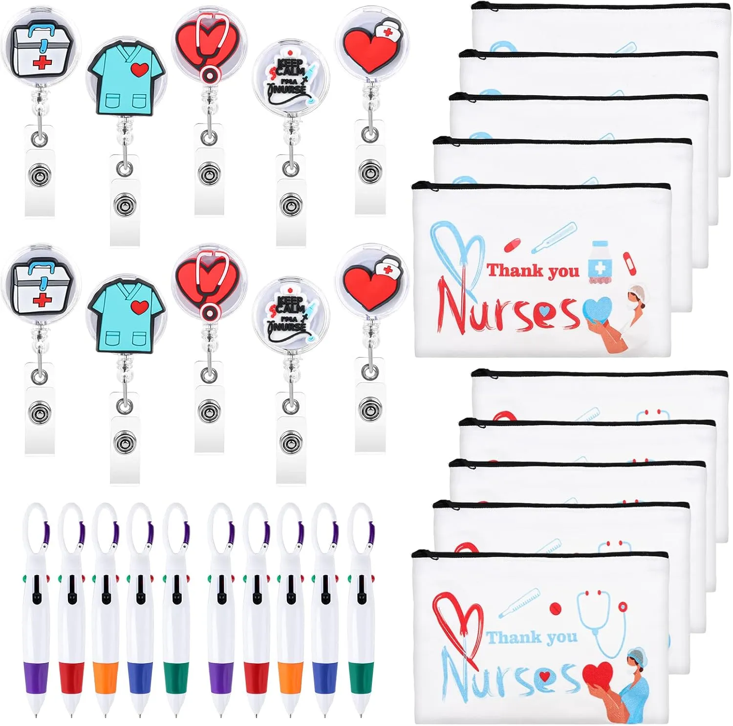 30 Pcs Nurses Week Gifts Set Include 10 Nurse Canvas Cosmetic Bags 10 Nurse Badge Reels 10 Nurse Ballpoint Pens Thank You Nurse Gift Cute Nurse Accessories Makeup Bag for Doctor Nurse Appreciation Day