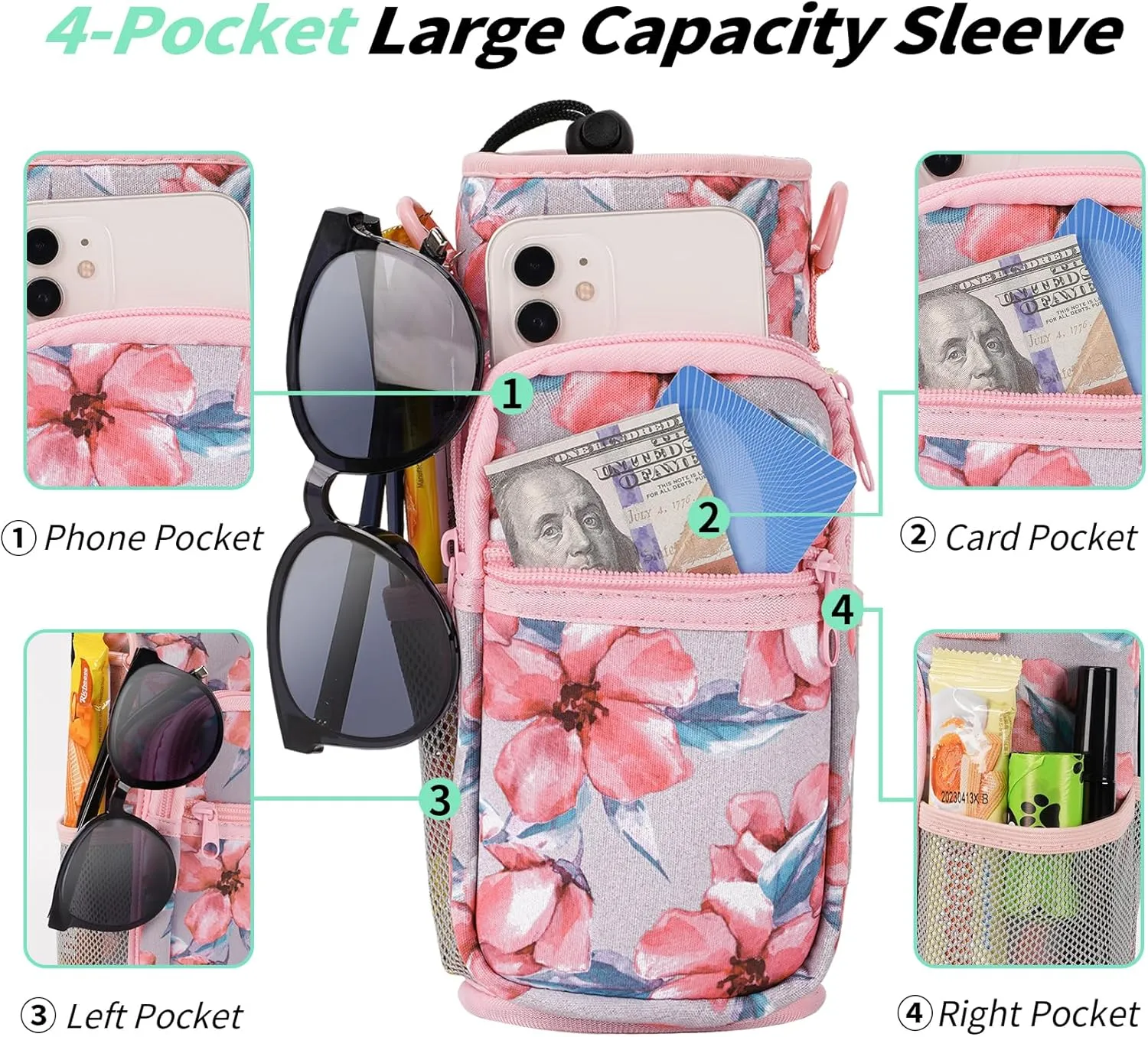 32/40/64/87/128 oz Water Bottle Carrier Bag, Neoprene Water Bottle Sleeve with 4 Pocket, Sport Water Holder with Paracord Handle and Shoulder Strap for Walking Hiking Camping Gym