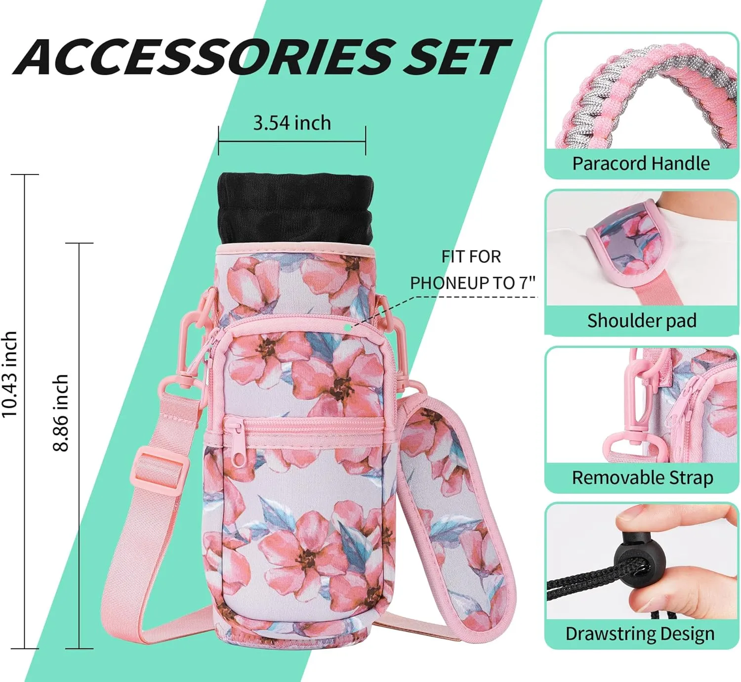 32/40/64/87/128 oz Water Bottle Carrier Bag, Neoprene Water Bottle Sleeve with 4 Pocket, Sport Water Holder with Paracord Handle and Shoulder Strap for Walking Hiking Camping Gym
