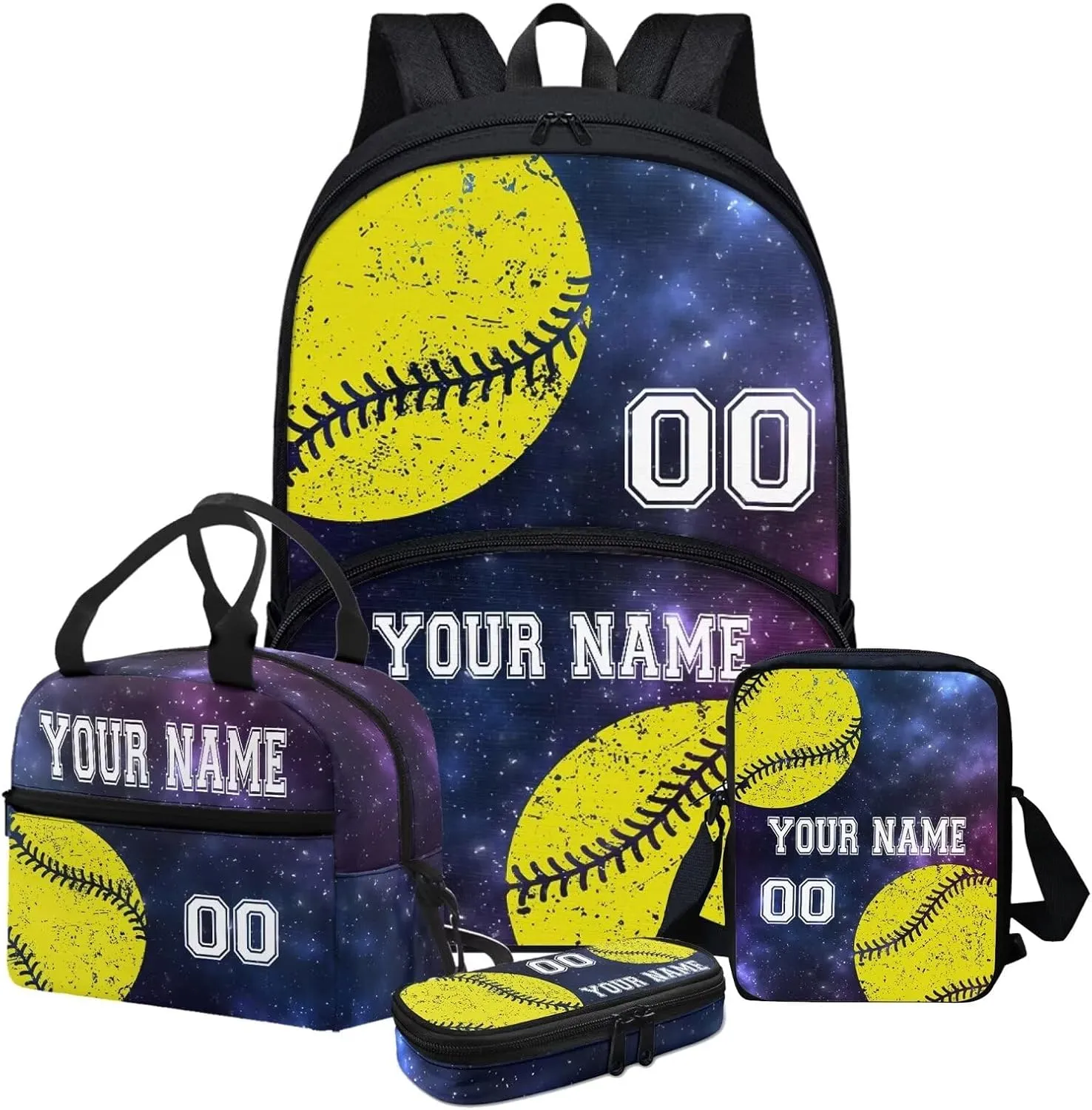 4 In 1 Kids Boys Softball Pattern Travel Backpack Set, Custom Blue Galaxy Schoolbag Sling Bag Lunch Bag Stationery Pouch with Name and Number