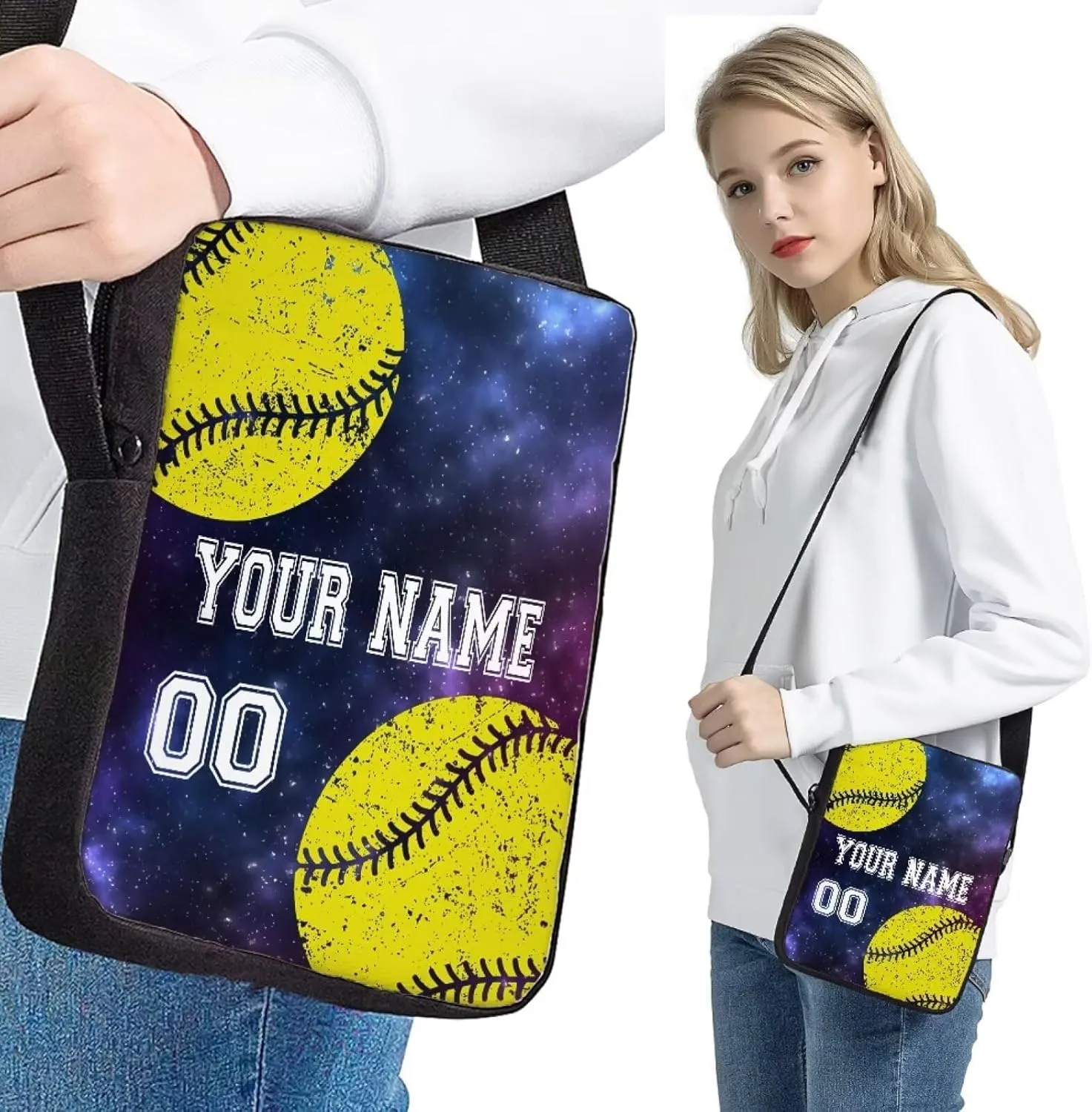 4 In 1 Kids Boys Softball Pattern Travel Backpack Set, Custom Blue Galaxy Schoolbag Sling Bag Lunch Bag Stationery Pouch with Name and Number