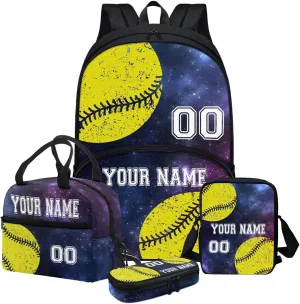 4 In 1 Kids Boys Softball Pattern Travel Backpack Set, Custom Blue Galaxy Schoolbag Sling Bag Lunch Bag Stationery Pouch with Name and Number