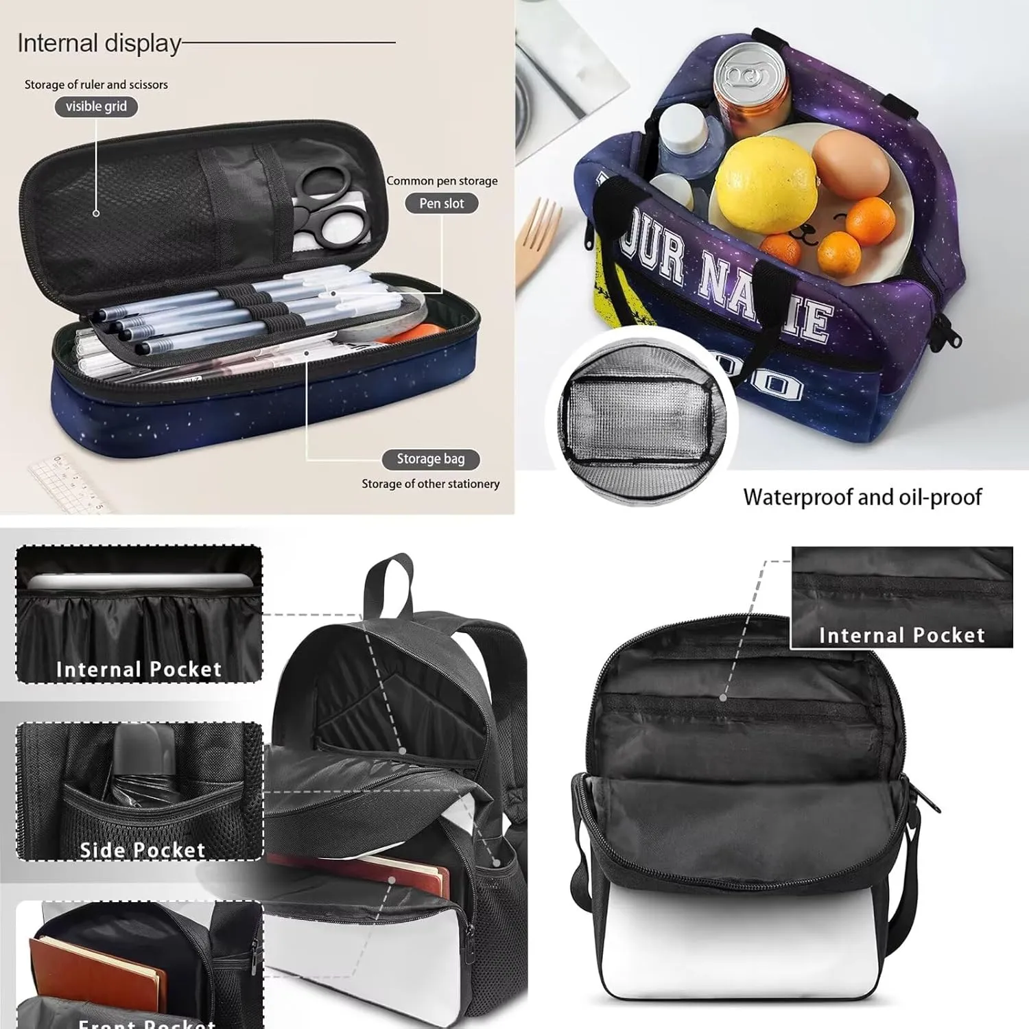 4 In 1 Kids Boys Softball Pattern Travel Backpack Set, Custom Blue Galaxy Schoolbag Sling Bag Lunch Bag Stationery Pouch with Name and Number