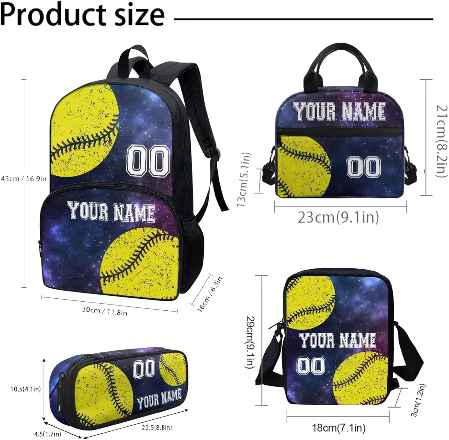 4 In 1 Kids Boys Softball Pattern Travel Backpack Set, Custom Blue Galaxy Schoolbag Sling Bag Lunch Bag Stationery Pouch with Name and Number