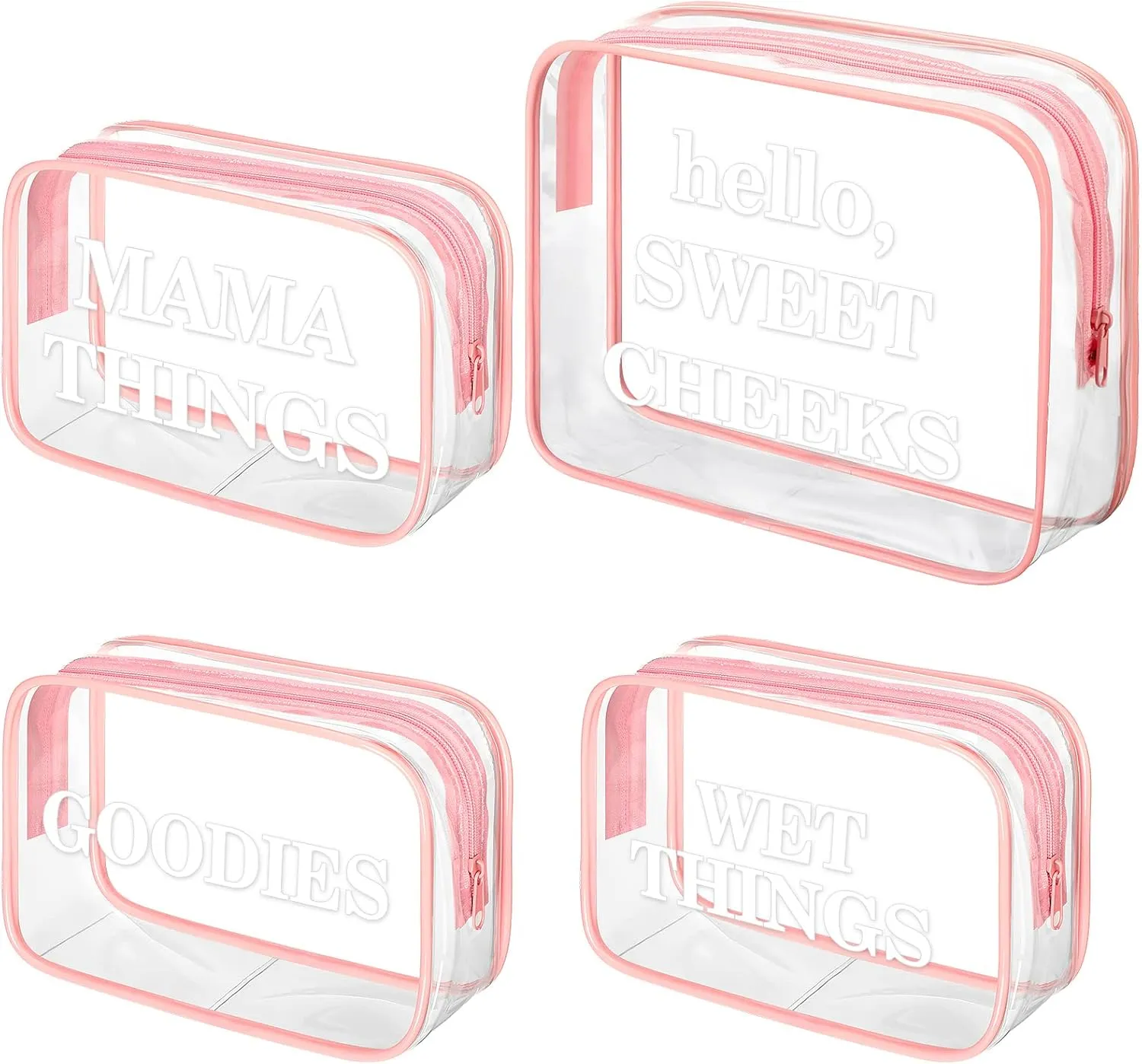 4 Packs Diaper Bag Organizer Pouches Set Clear PVC Travel Diaper Bag Waterproof Zippered Makeup Bag Dry Wet Bag (Pink, White)