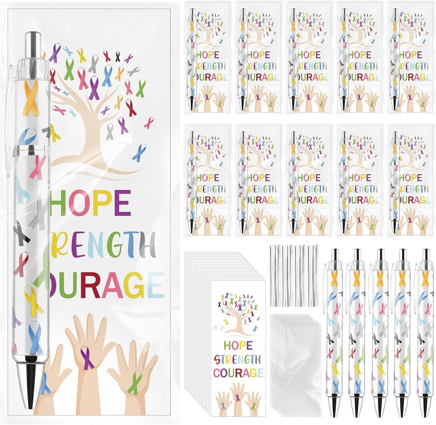 48 Sets Cancer Gifts for Women Include 48 Ribbon Retractable Ballpoint Pens 48 Hope Cards and 48 Bags Cancer Awareness Accessories Survivor Gifts for Public Events Charity Supplies Decor