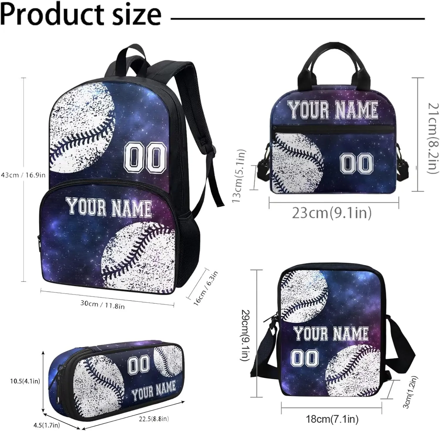 4PCS Customized Baseball School Bookbag for Kids, Laptop Backpack Crossbody Bag Hiking Daypack Lunch Bag Pencil Box Case Organizer, Blue Galaxy