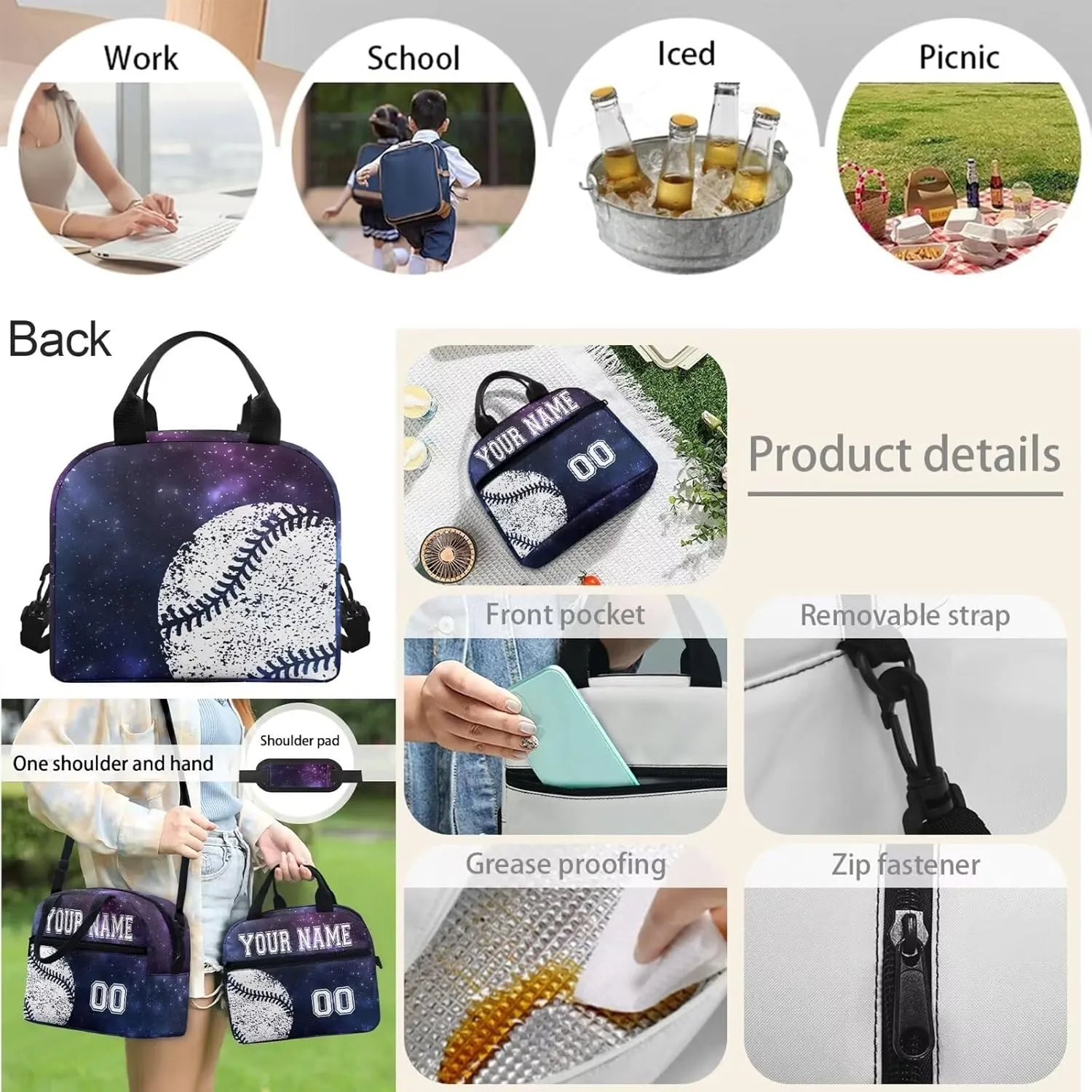 4PCS Customized Baseball School Bookbag for Kids, Laptop Backpack Crossbody Bag Hiking Daypack Lunch Bag Pencil Box Case Organizer, Blue Galaxy