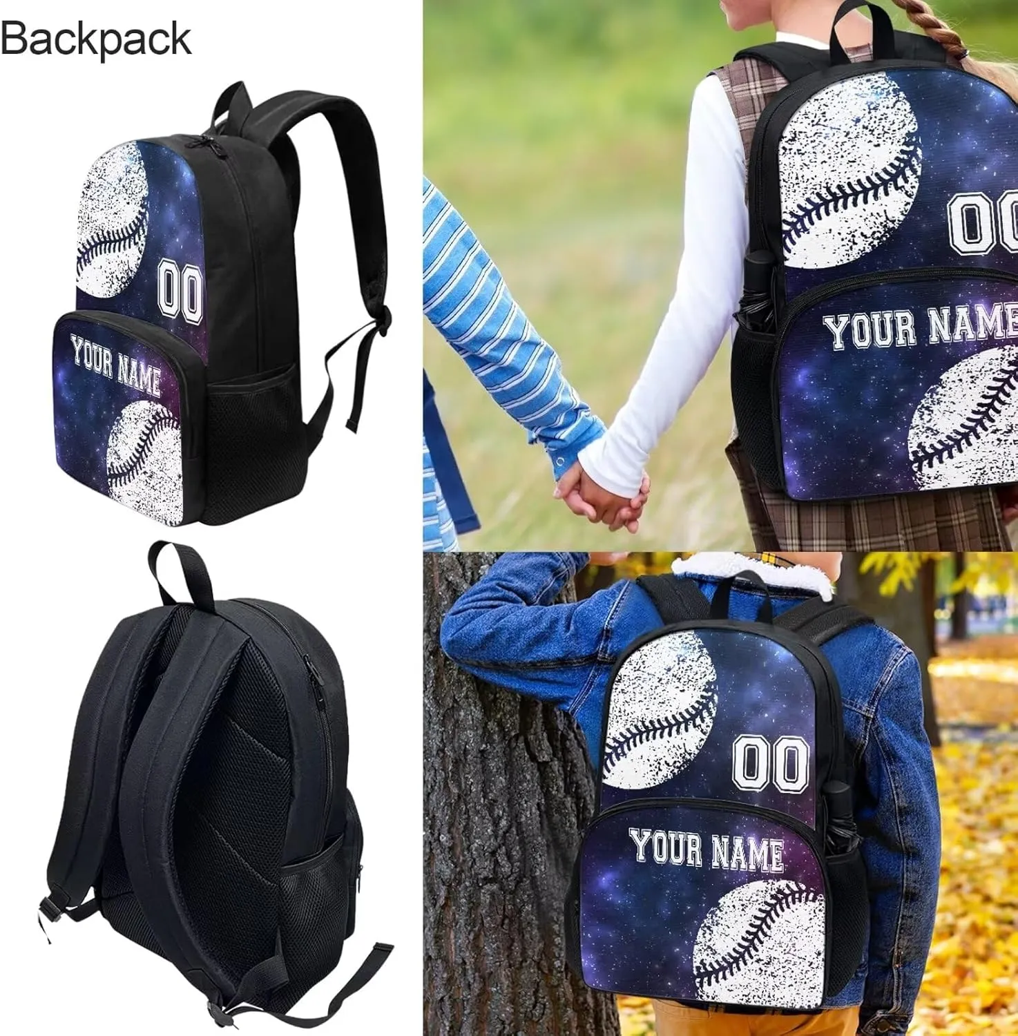 4PCS Customized Baseball School Bookbag for Kids, Laptop Backpack Crossbody Bag Hiking Daypack Lunch Bag Pencil Box Case Organizer, Blue Galaxy