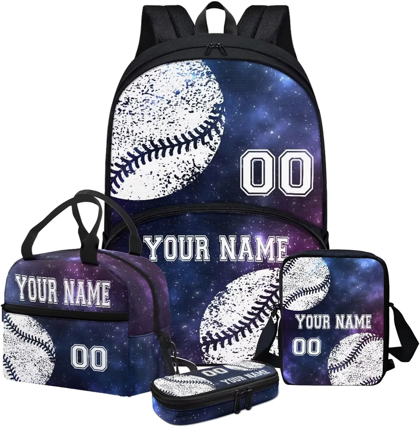 4PCS Customized Baseball School Bookbag for Kids, Laptop Backpack Crossbody Bag Hiking Daypack Lunch Bag Pencil Box Case Organizer, Blue Galaxy