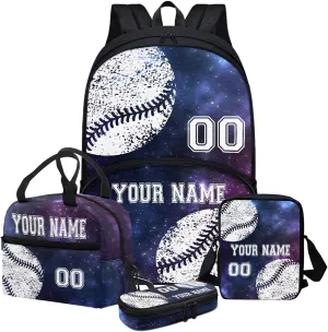4PCS Customized Baseball School Bookbag for Kids, Laptop Backpack Crossbody Bag Hiking Daypack Lunch Bag Pencil Box Case Organizer, Blue Galaxy