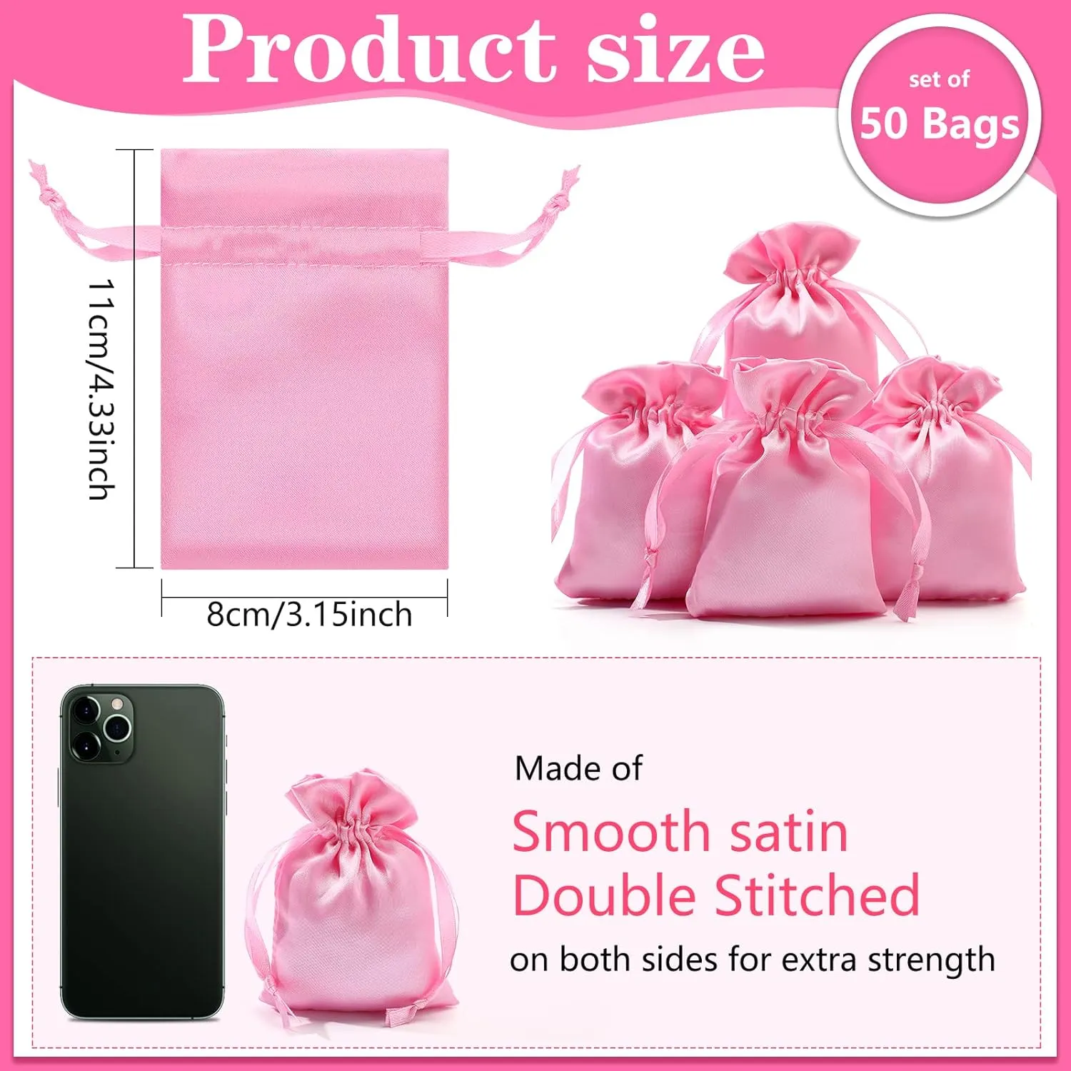 50 Pieces 3 x 4 Satin Bags with Drawstring Gift Pouch Mini Jewelry Small Wedding Favor Bags Smooth Soft Satin Fabric Candy Pouches for Baby Shower Decoration(Pink)