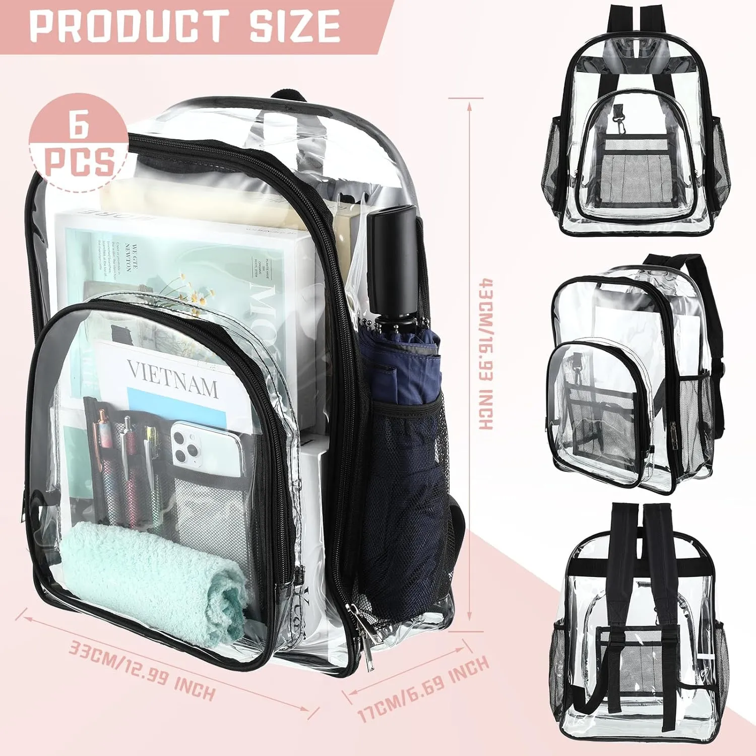 6 Pcs 17 Inch Bulk Clear Backpack Bulk for School Kids Bookbag Transparent Bag Student Large Heavy Duty Back Bag for Donation(Multicolor)