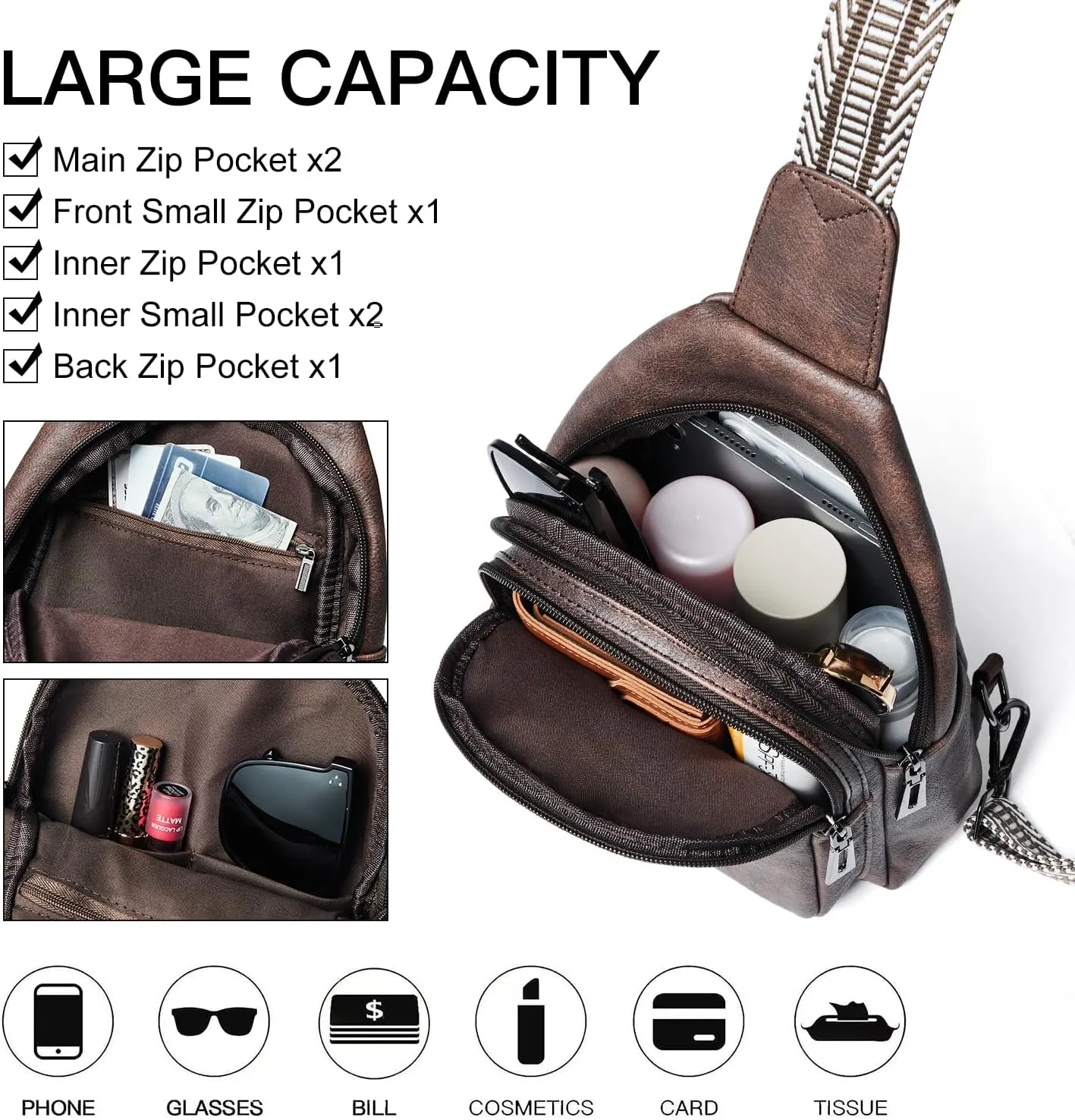 7L Sling Bag for Women Men Crossbody Belt Bag Small Travel Sling Backpack Anti Theft Chest Daypack Purse Faux Leather