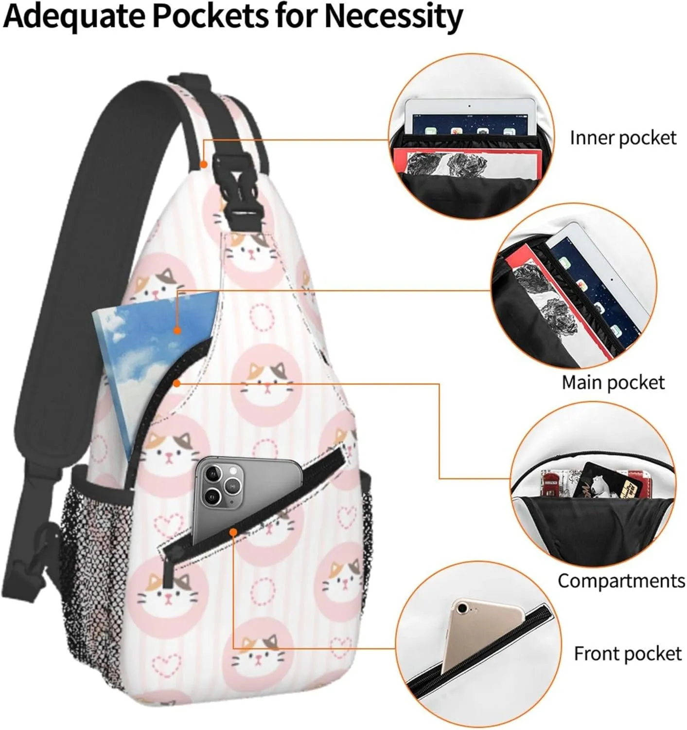 Adorable Cute Cat Love Sling Backpack Crossbody Bag, Chest Bag Daypack Fanny Pack Cross Body Bag for Outdoors Hiking Traveling