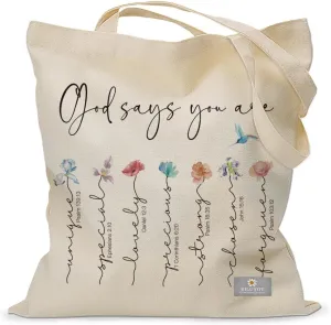 Aesthetic Christian Floral Book Tote Bag (God Says You Are) Christian Gifts for Women Friend, Religious Cute Cloth Bags Mother Gifts for Women Mother, Reusable Graphic Cotton Bags