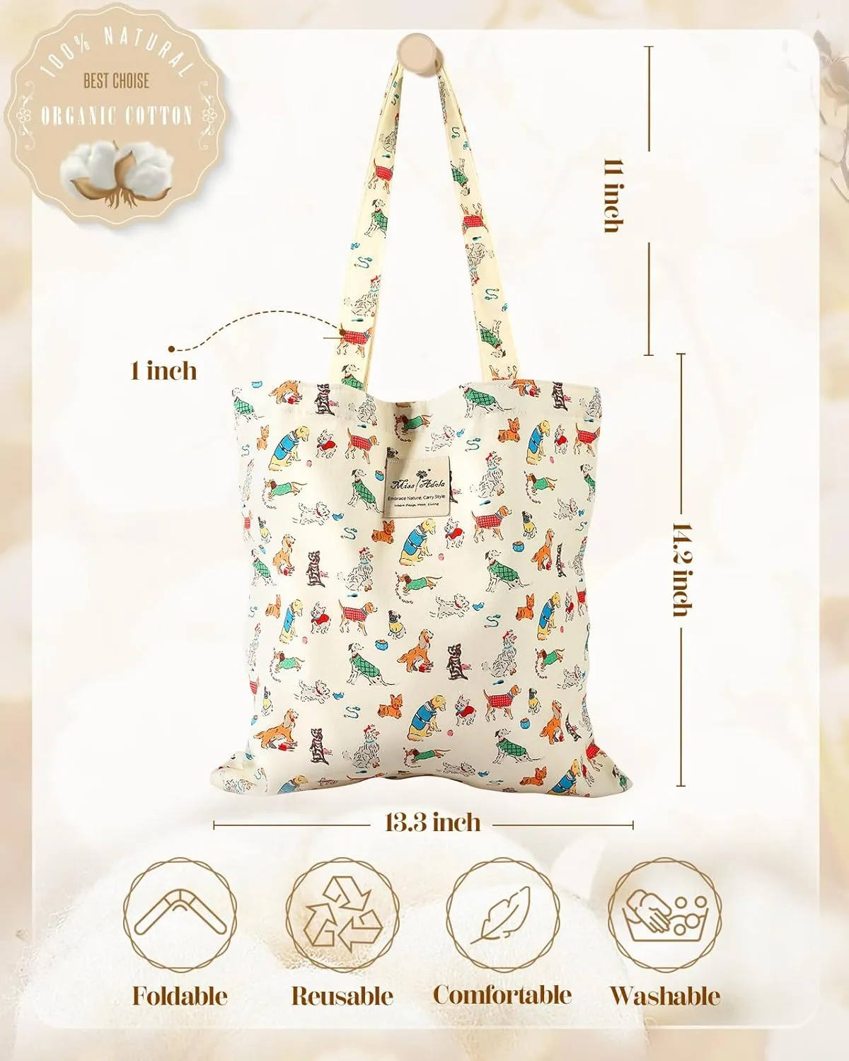 Aesthetic Cotton Tote Bag for Women - Reusable Shoulder Bag with Buckle Fabric Bag for Gym, Travel, Work