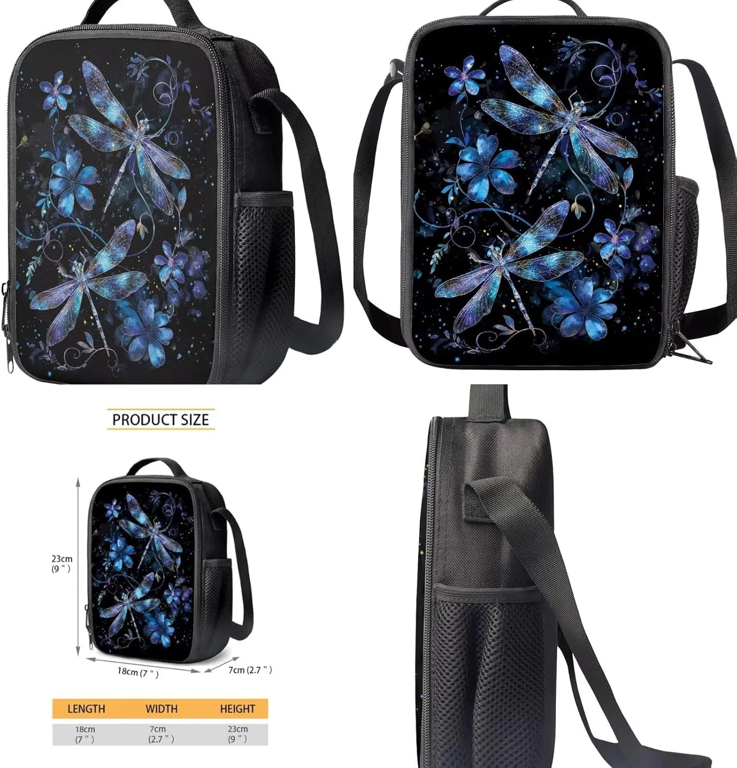 Aesthetic Dragonfly Backpack for Teen Girls 4PCS Middle School Bag Lunch Box Water Bottle Holder Set Large Capacity Book Bags Rucksack Hiking Outdoor Travel Daypack Laptop Bag