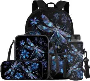 Aesthetic Dragonfly Backpack for Teen Girls 4PCS Middle School Bag Lunch Box Water Bottle Holder Set Large Capacity Book Bags Rucksack Hiking Outdoor Travel Daypack Laptop Bag