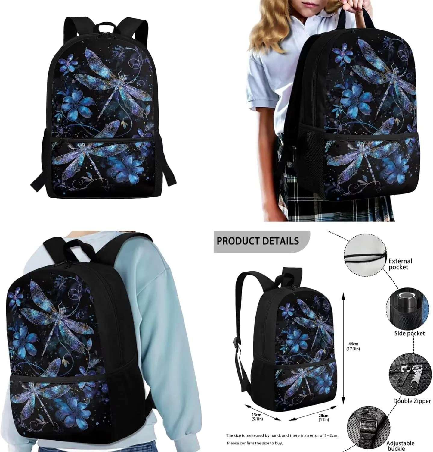 Aesthetic Dragonfly Backpack for Teen Girls 4PCS Middle School Bag Lunch Box Water Bottle Holder Set Large Capacity Book Bags Rucksack Hiking Outdoor Travel Daypack Laptop Bag