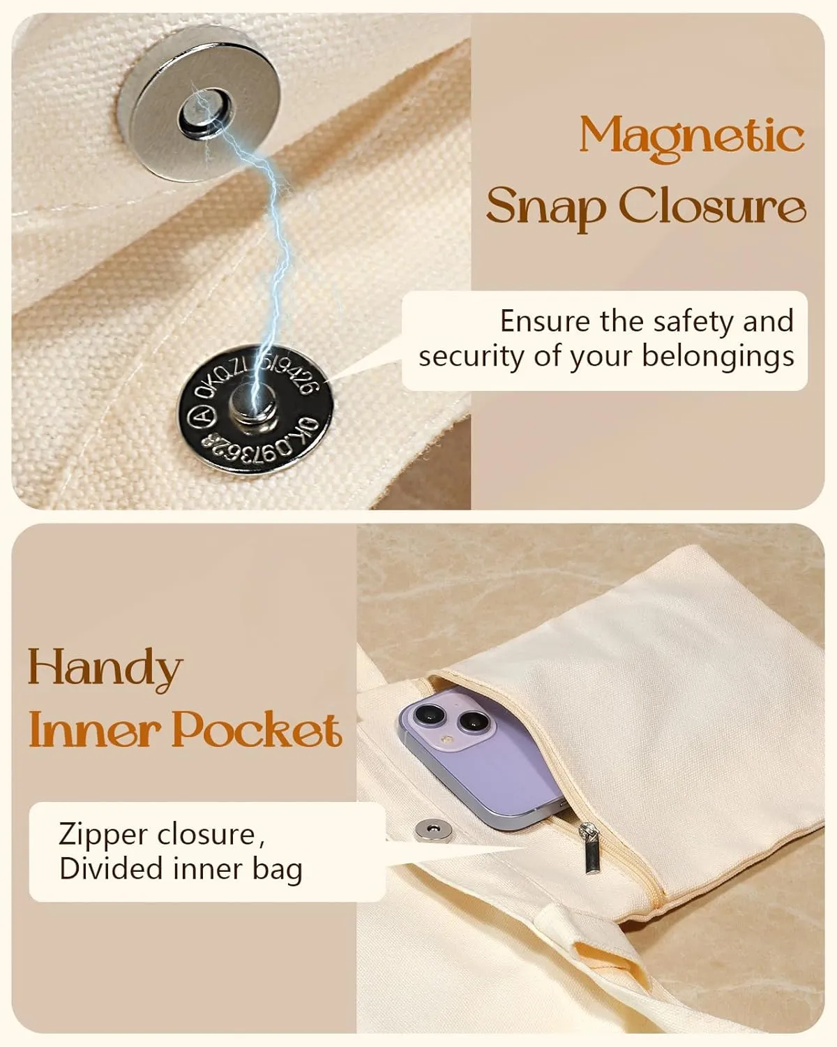Aesthetic Tote Bag - with Magnetic Buckle and Zipper Inner Pocket for Women Lady Cloth Cotton Tote Bag