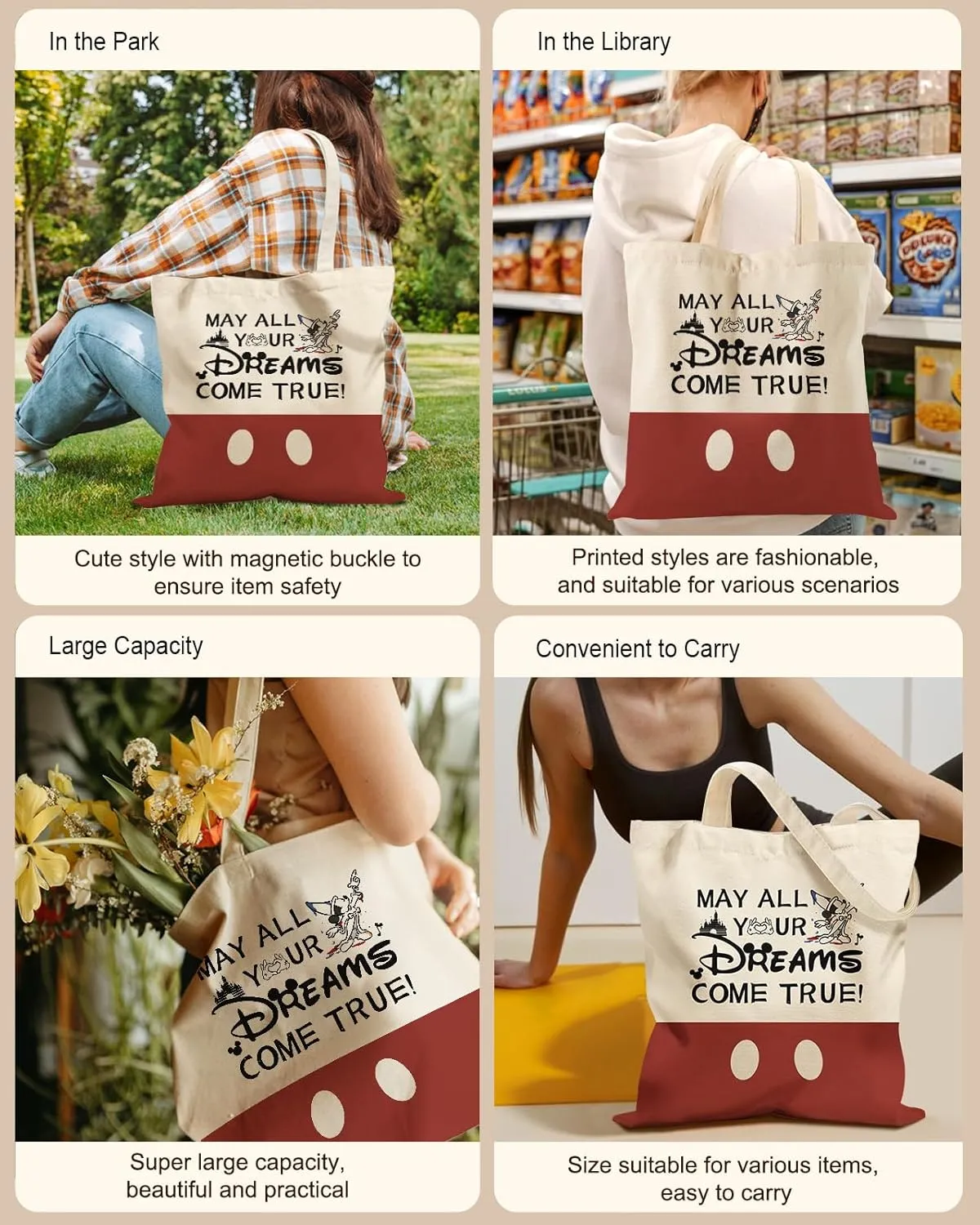 Aesthetic Tote Bag - with Magnetic Buckle and Zipper Inner Pocket for Women Lady Cloth Cotton Tote Bag