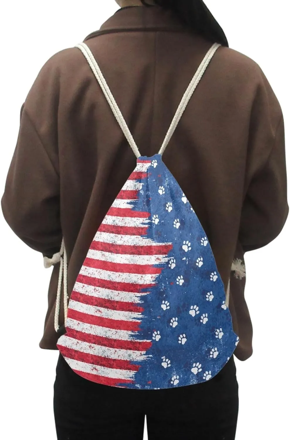 AFPANQZ Patriotic Stars and Stripes Print Training Gymsack Drawstring Backpack Lightweight Gym Pack Sling Bags Large Capacity Drawstring Bag for Mens Women, American Flag, Red Blue