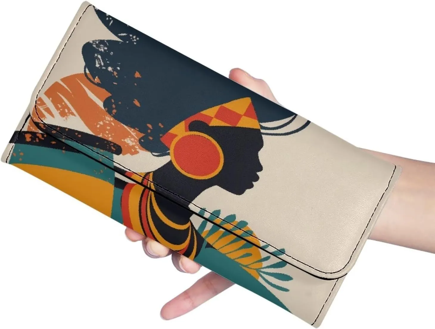 African Women Print Clutch Trifold Wallet for Women, Traditional African Art Wallet Organizer Card Holder, Modern Painting Art Tall Billfold Cash Wallet with ID Window