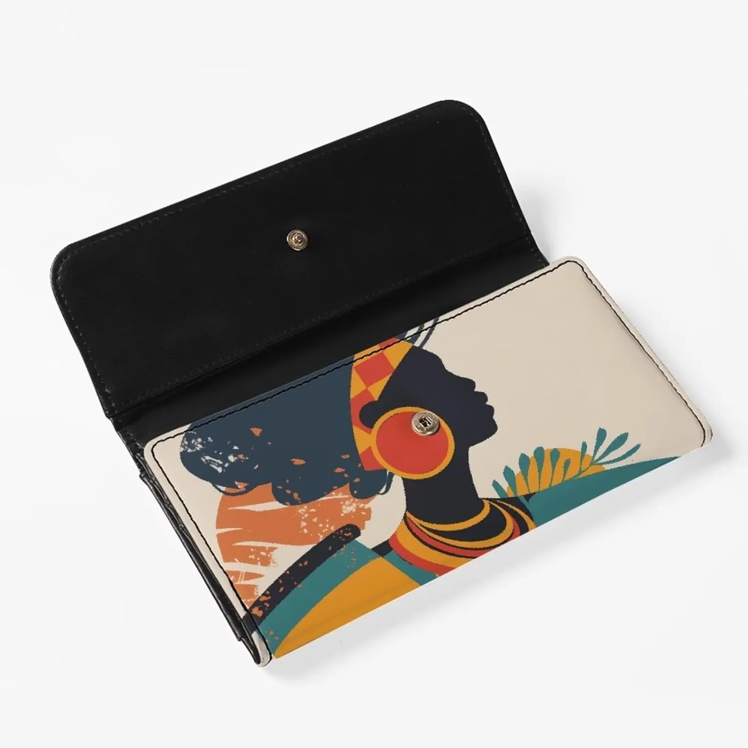 African Women Print Clutch Trifold Wallet for Women, Traditional African Art Wallet Organizer Card Holder, Modern Painting Art Tall Billfold Cash Wallet with ID Window