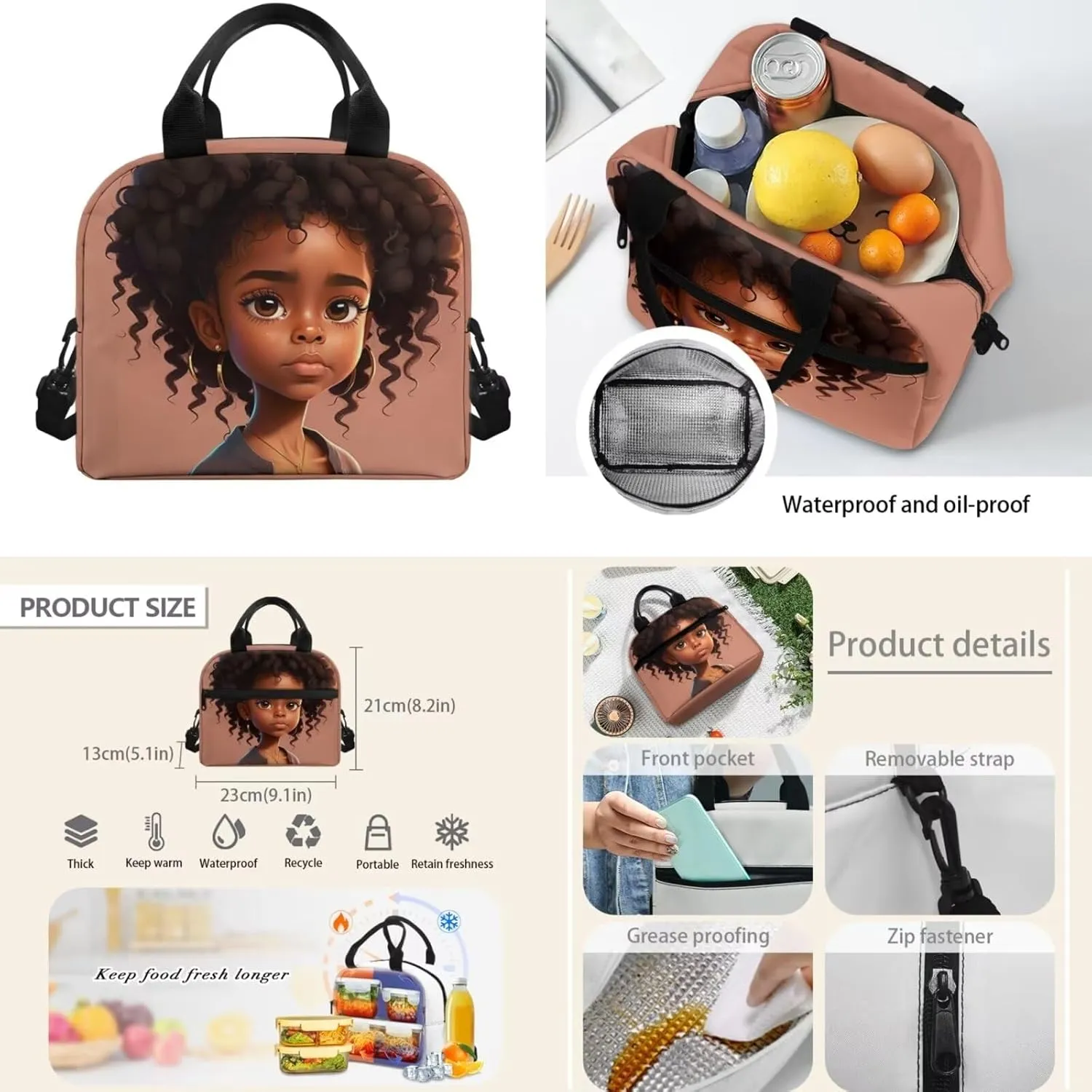 Afro Black Girl School Backpack for Girls 10-12 Kids Teens School Bag Bookbag with Lunch Bag Pencil Bag for Primary/Elementary/Middle School