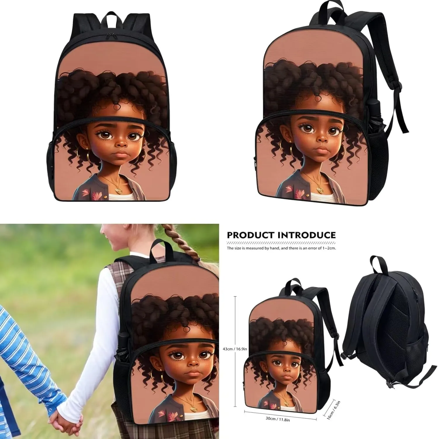 Afro Black Girl School Backpack for Girls 10-12 Kids Teens School Bag Bookbag with Lunch Bag Pencil Bag for Primary/Elementary/Middle School