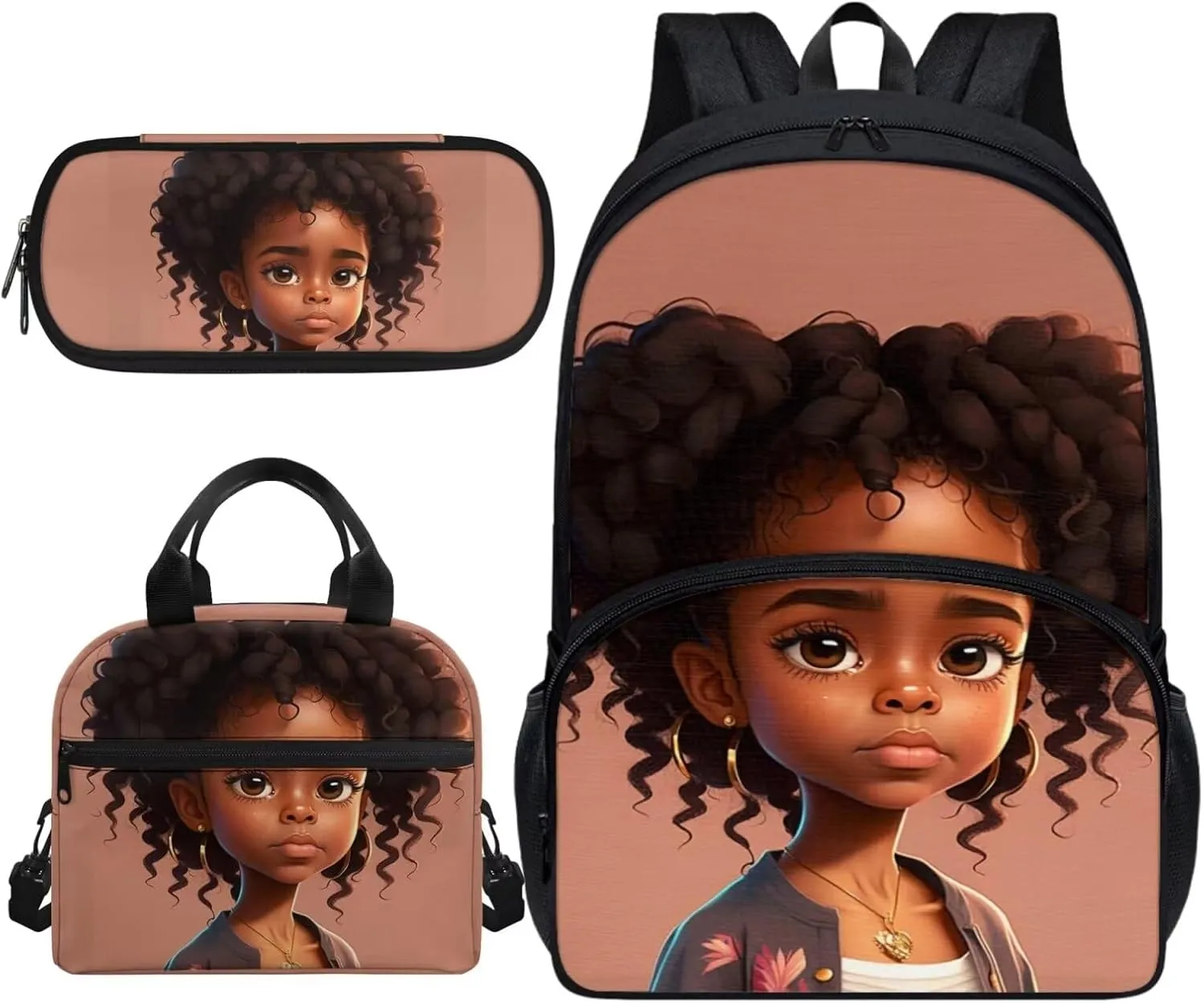 Afro Black Girl School Backpack for Girls 10-12 Kids Teens School Bag Bookbag with Lunch Bag Pencil Bag for Primary/Elementary/Middle School