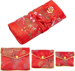 AHANDMAKER 4 Pcs Jewelry Silk Purse Pouchs, 4 Styles Vintage Flower Embroidery Damask Cloth Roll Chinese Style Brocade Organizer with Snap Button and Zipper Small Gift Bags for Travel Storage Jewelry